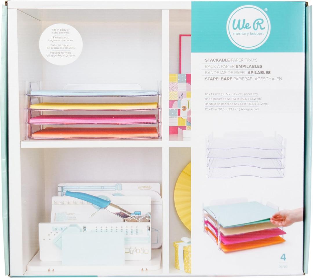 We R Memory Keepers, 12x12 Inch 4-Pack Stackable Trays, for Storing Paper, Letters, Scrapbooking Tools, and More, Organization System, Easy Assembly and Storage