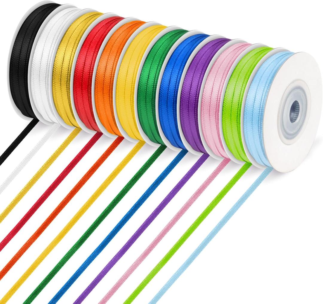 Rainbow Ribbon Pack 12 Color, 1/8 Inch Thin Ribbon 393 Yards, Double Face Satin Ribbon for Gift Wrapping, Flower Bouquet, DIY Crafts, Happy Birthday Party Wedding Decoration Hair Bows