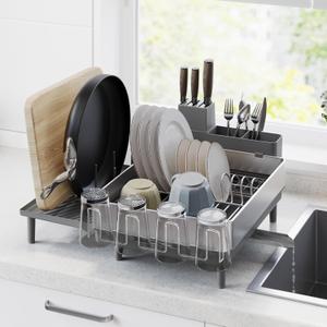 SONGMICS Large Dish Drying Rack, Expandable Dish Dryer for Kitchen Counter, Stainless Steel Dish Rack with Rotatable Spout, Utensil, Cup, Glass, Cutting Board, Pan Holders, Silver and Gray UKCS037G01