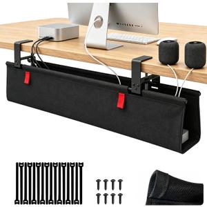 Under Desk Cable Management No Drill 28" L x 6" W Cord Organizer, Upgraded Silicone Pads (No Scratch), 16 Cable Slots, Washable PE Honeycomb Base, Fits Desks 02.1" Thick, Black