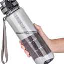 OLDLEY 32 oz Water Bottle, Motivational Water Bottle with Time Marker, Sports Water Bottle With Strap, Leakproof & BPA Free Large Water Bottles for School, Gym,Outdoor, Tritan, Transparent-Gray (32 Ounces, B-Transparent-Gray)