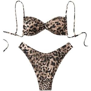 GORGLITTER Women's Cheetah High Cut Thong Bikini Sets Leopard Triangle String Swimsuits 2 Piece Animal Print Bathing Suit L