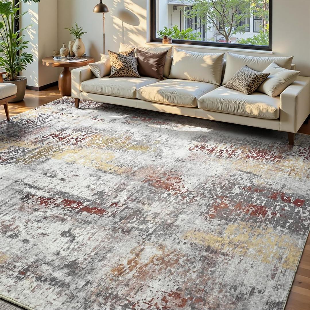Living Room Rug 7x10 Beige Area Rugs Machine Washable Abstract Boho Large Rug Non-Slip Non-Shedding Faux Wool Indoor Vintage Carpet for Bedroom, Classroom, Dining Room, Kids Playroom (Grey Brown)
