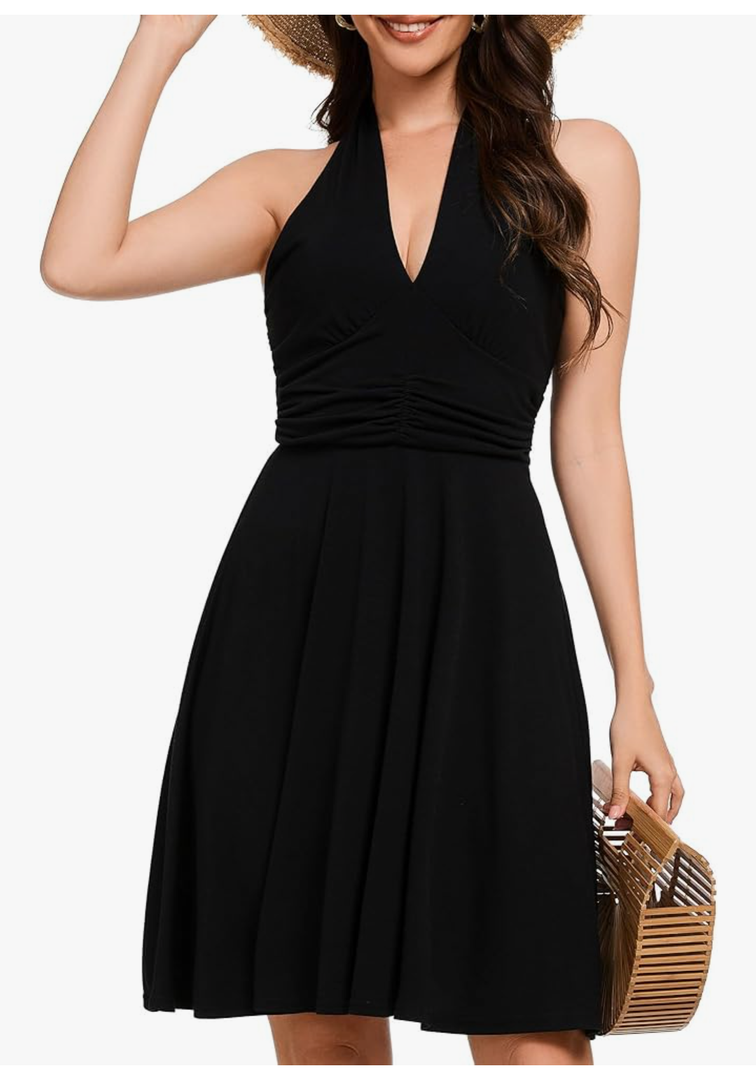Women's Sexy Sundress Halter V Neck Tie Back Sleeveless Ruffle Mini Short Summer Beach Dresses, XL