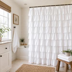White Ruffle Shower Curtain - Farmhouse Cloth Bathroom 72 x 72 Inches Texture Fashion, Double Layer Fabric, Soft Feel, not See Through.