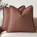 Foindtower Set of 2 Decorative Linen Fringe Throw Pillow Covers Cozy Boho Farmhouse Cushion Cover with Tassels Soft Accent Pillowcase for Couch Sofa Bed Living Room Home Decor,2626 Inch,Rust Red (Autumn Glaze)