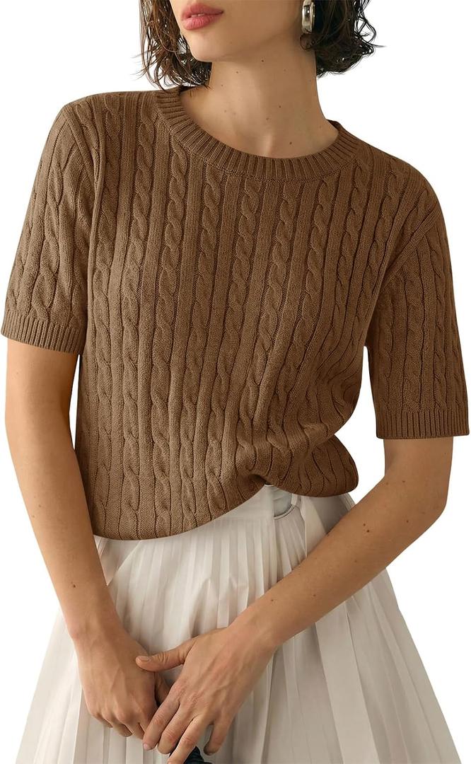 Saodimallsu Womens Cable Knit Sweater Tops Short Sleeve Crew Neck Loose Casual Summer Pullover Sweaters, S