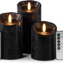 Pack of 3 Black Regular Textured LED Flameless Flickering Battery Operated Candles with Remote and Timer, Real Wax Pillar Candles for Festival Wedding Halloween Christmas Home Party Decor