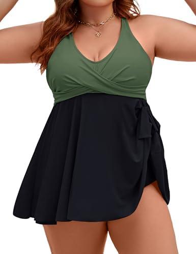 Edelqual Womens Plus Size Tankini Swimsuit Two Piece Tummy Control Bathing Suits Swim Dress Swimwear with Shorts 2XL