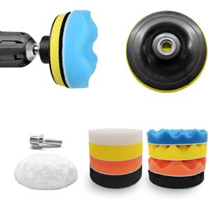 11PCS Car Foam Polishing Pads Kit, 5 Inch Hook and Loop Polishing Pads with M14 Drill Adapter, Sponge Pad Wool Buffing Pad Drill Polishing Kit for Car Detailing Waxing