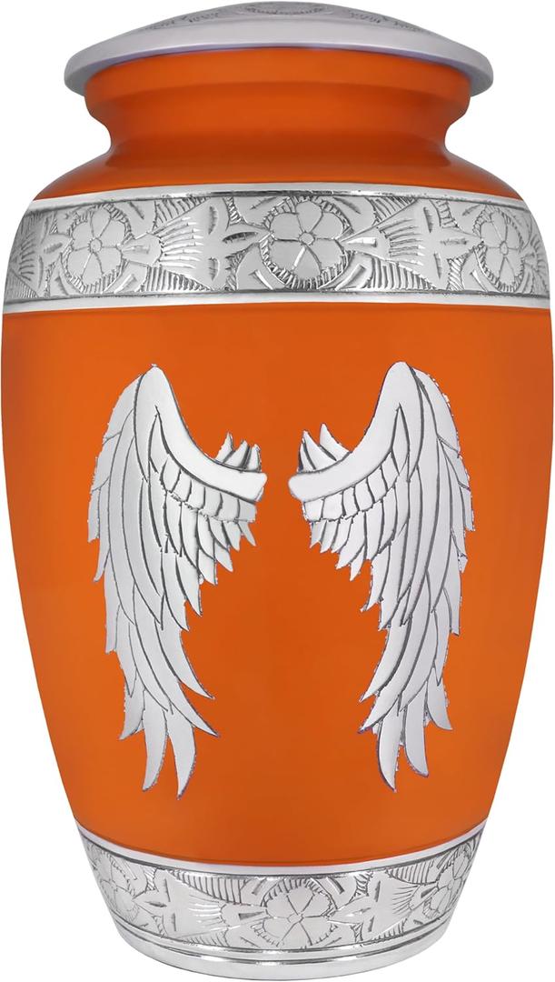 Cremation Urns for Human Ashes Adult Female or Man, Funeral Urn for Ashes for Woman & Male, Burial or Decorative Urns, Hand Engraved Angel Wings Urn, Silver Wing, Red & Orange - Large Size