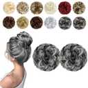 2 PCS Messy Bun Hair Piece Wavy Curly Scrunchies Synthetic Chignon Ponytail Hair Extensions Thick Updo Hairpieces for Women Girls(Natural Black Mix Silver Grey)