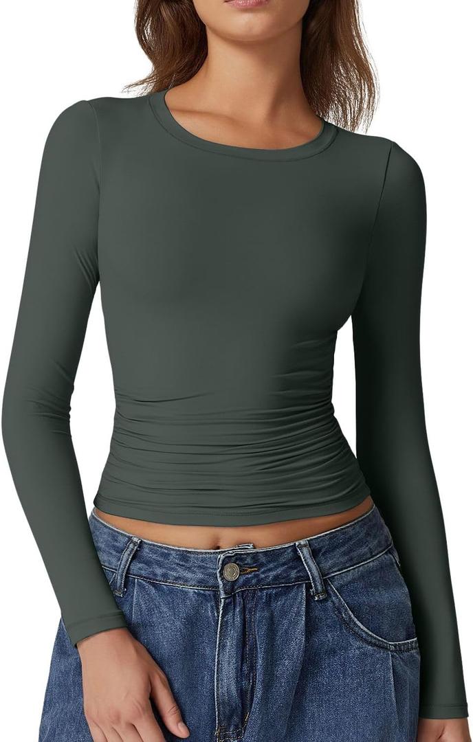 QINSEN Womens Crewneck Long Sleeve Shirt Double Lined Basic Tees Side Ruched Going Out Crop Tops (Medium, Dark Green)