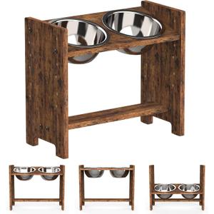 Vantic Elevated Dog Bowls, Adjustable Raised Dog Bowl Stand for Medium Sized Pet, Sturdy Particle Board Food Feeder with 2 Stainless Steel Dishes, Rustic Brown