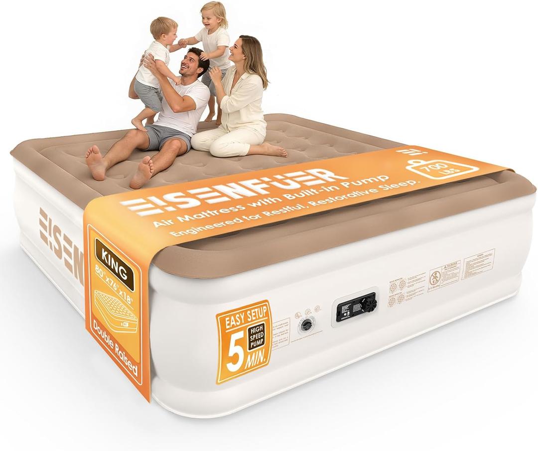 Air Mattress King with Built-in Pump, 18" Raised Blow Up Air Bed | 35% Thicker PVC Air Bed, Reinforced Coil-Beam Structure, 5-Min Inflate, Better Air Retention, 3-Yr Support, Sleepover, Guest