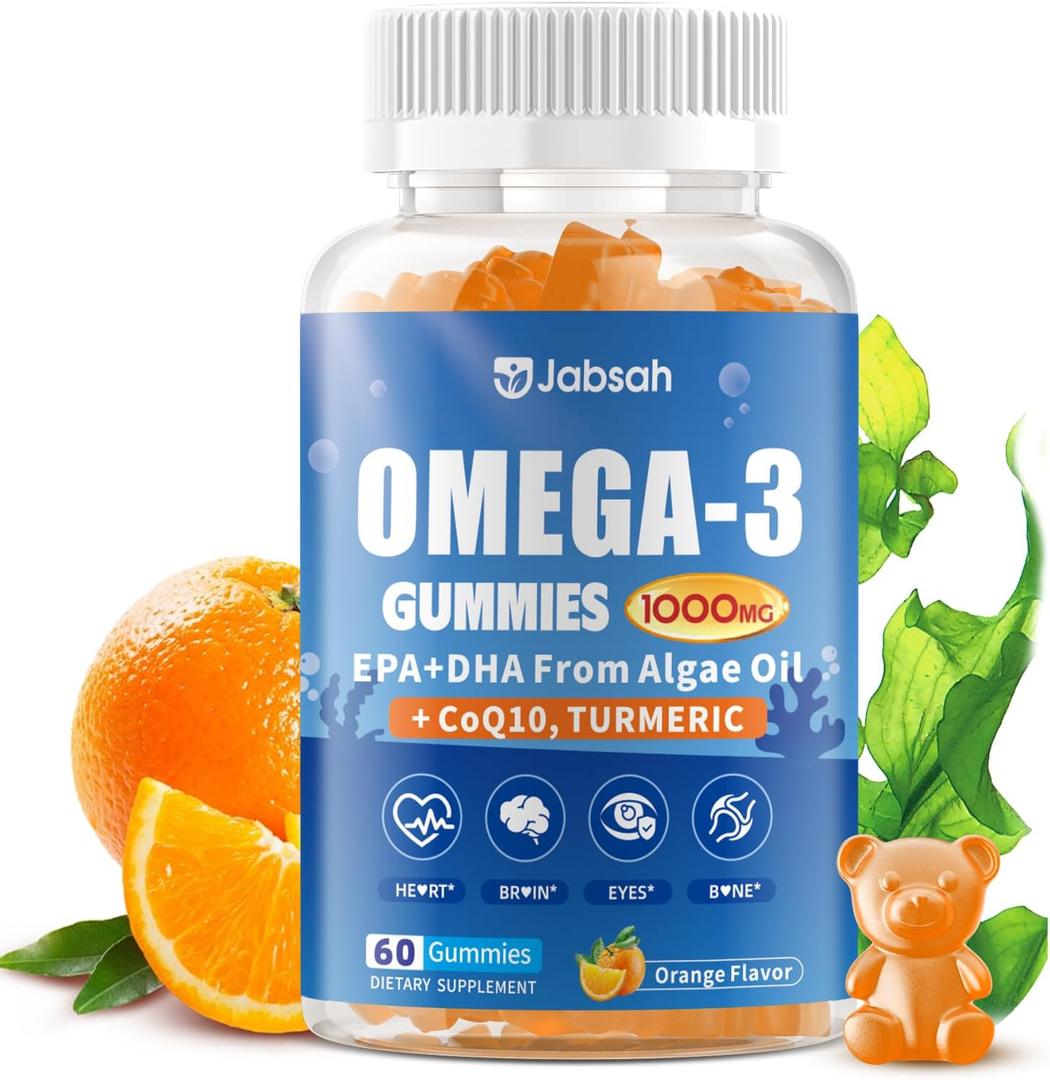 Vegan Omega-3 Gummies 1000mg from Algae Oil (DHA 460mg & EPA 230mg), Omega 3 Fish Oil Alternative for Adults, Plus Turmeric & CoQ10 for Brain, Eye & Immune Health, No Fishy Taste, Sugar Free, 60 Cts,Exp Date: 01/27/2028