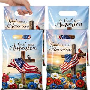2 x Teenyyou 60 Pcs Patriotic Treat Bags Plastic God Bless America Bags Religious Cross American Flag Floral Goody Handbags Bulk for 4th of July Church Party Favors Independence Day Supplies, 1 Count