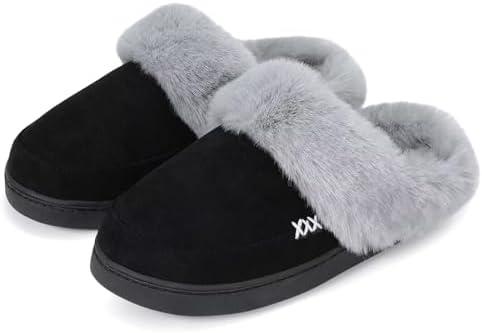 NineCiFun Women's and Men's Suede House Slippers Slip on Fuzzy Slippers with Faux Fur Lining Indoor Outdoor Home Shoes with No-slip Sole, Size 38-39