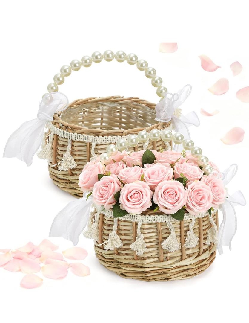Set of 2 Small Flower Girl Basket, Rattan Wedding Wicker Basket with Pearl Handle, Ribbon Bow, Silk Petals, Rustic Boho Handwoven Gift Baskets for Confetti, Garden Decor, Picnic