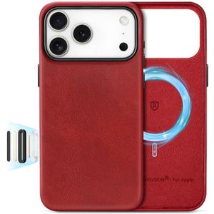 SHIELDON Genuine Leather Wallet Case for iPhone 17 Pro Max 6.9" 2025 | Detachable | Wireless Charging | Magnetic | RFID Blocking Credit Card Holder | Kickstand | Shockproof Phone Holder  Red