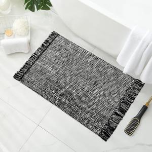 MitoVilla Black Boho Bathroom Small Rug 2'x3', Black White Cotton Woven Throw Rugs for Living Room, Modern Farmhouse Washable Kitchen Rugs, Area Rugs Floor Mat with Tassel for Entryway, Hallways (1'11" x 2'11" (Runner))