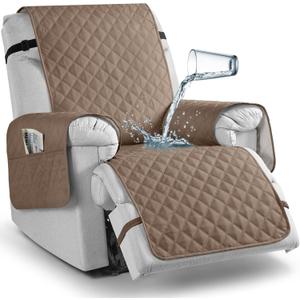 TAOCOCO 100% Waterproof Recliner Chair Covers, Reversible Recliner Covers with Leg Straps, Washable Recliner Sofa Covers for Larger Recliner Furniture Dog Protector with Pocket (Khaki, 28'')