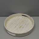 PEMAR 12.6 Mother of Pearl Round Serving Tray with Handles, Decorative Nacred Wooden Ottoman Coffee Table Tray (White Tiles)