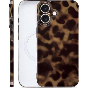 Magnetic Tortoise Shell Phone Case for iPhone 16 Plus, Compatible with MagSafe, Cute Leopard Print Fashion Aesthetic Soft TPU Slim Shockproof Protective Phone Cover for Women Girls