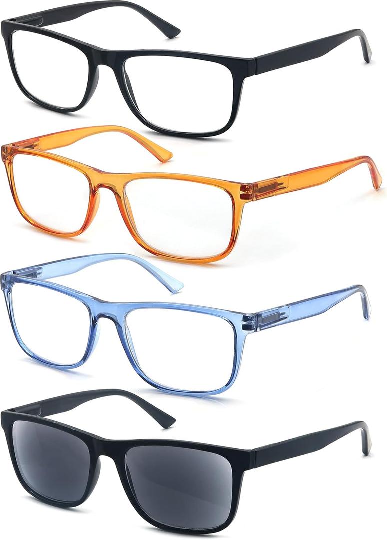 Reading Glasses 1.5 Oversize Large Square Men Readers 4 Pack,Comfy Lightweight Eyeglasses for Reading Flexible Spring Hinge (4 Mix C3)