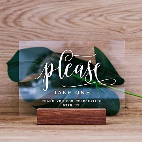 Acrylic Favors Sign with Wood Stand- 5” x 7" Clear Acrylic Please Take One Sign with Holder for Wedding Reception & Event Party
