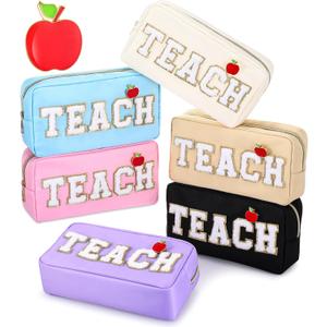 Kacctyen 6 Pcs Teacher Appreciation Gifts Teach Bags Bulk Chenille Makeup Bag Pouch Zipper Cosmetic Bag with 6 Pcs Preppy Apple Pins for Students Teacher Women School Graduation Retirement Gifts (Multicolor)