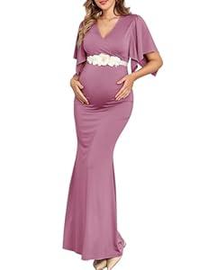 AISWI Maxi Maternity Dress with Flower Sash Semi Formal Baby Shower Wedding Guest V-Neck Handkerchief Sleeves Elegant, Light Plum, Medium