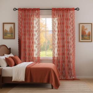 Kotile Burnt Orange Sheer Curtains for Bedroom, Country Rustic Floral Pattern Fall Curtains 63 Inch Length, Rod Pocket Privacy Scalloped Lace Rust Orange Curtain, 52 x 63 Inch, 2 Panels, Orange
