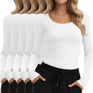 5 Pack Underscrub for Women Long Sleeve Shirts Fitted Scoop Neck Tops Basic Layering Tee Knit Tops for Nurse (Small, White)