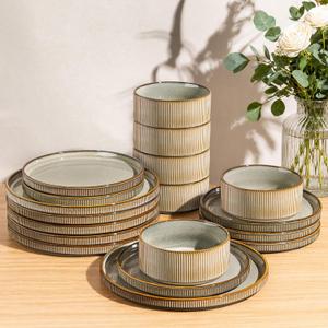 GBHOME 18-Piece Stoneware Dinnerware Set for 6 Ribbed Ceramic Plates and Bowls, Scratch-Resistant, Microwave & Dishwasher Safe, Reactive Glaze, Reactive Glaze Green Wheat