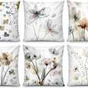 COMMINY Brown Grey Floral Pillow Cover 18x18 Set of 6 Watercolor Throw Pillow Covers Square Cushion Covers for Couch Sofa Living Room Home Decor (Modern Watercolor Flower)
