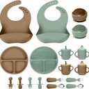 Silicone Baby Feeding Set, 18PCS Baby Led Weaning Supplies, Eating Essentials Utensils with Suction Plate and Bowl, Adjustable Silicone Bib, for 6+ Months (Green+Brown)