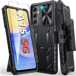 FNTCASE for Samsung Galaxy A15-5G Case: Rugged Protective Phone Cases with Kickstand & Holster | Military Grade Shockproof Protection Sturdy Heavy Duty Drop Proof Hard Covers 6.5 inch Black