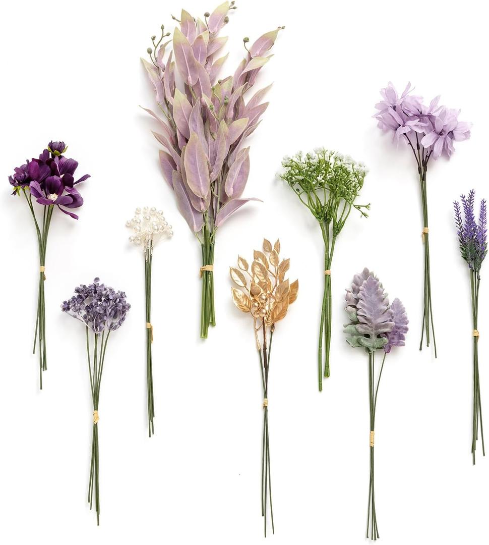Ling's Moment Artificial Greenery Stems Box Set, 42pcs with 9 Kinds of Faux Greenery Picks for DIY Bridal Bouquets Wedding Floral Arrangement Table Centerpieces, Lavender & Golden