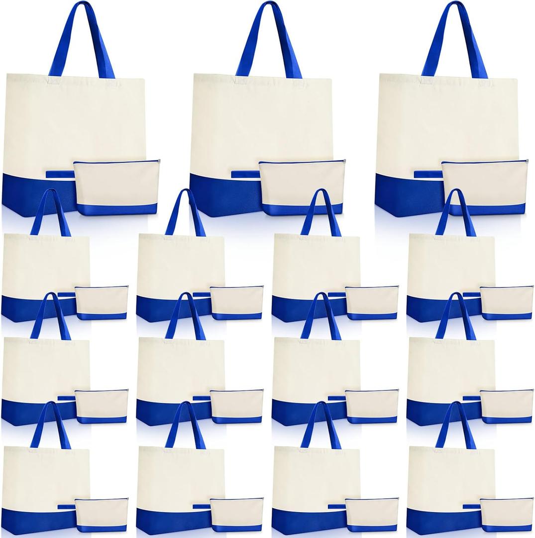 Sanwuta 30 Pcs Canvas Tote Bags Bulk with Zipper Cosmetic Pouch 18.5" Reusable Cotton Shopping Bag with Handle for DIY Craft (Navy Blue)