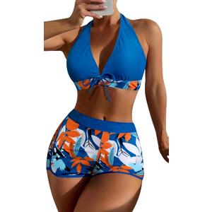 Women's Two Piece Halter Swimsuit V Neck Push Up Bikini Set Swimwear with Boyshorts Swimwear for Swimming Pool, Medium