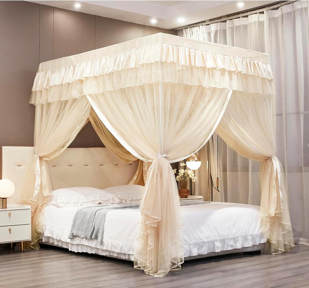 Mengersi Canopy Bed Curtains Twin Sizes,Bed Canopy for Girls Royal Luxurious Cozy Bed Drapes Girls Room Decor(Ivory,Twin)