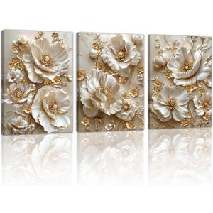 3 Pcs Modern Beige Gold Peony Floral Canvas Wall Art, Neutral Elegant 3d Beige Flowers Wall Painting White Blooming Floral Pictures Posters Art Print Home Decor for Bedroom Living Room Office 20"x28"x3