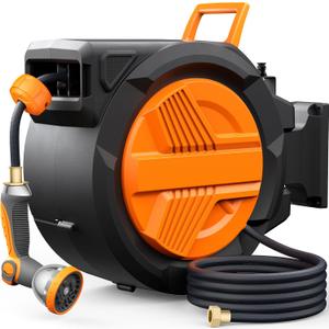 Retractable Garden Hose Reel 1/2 x 100ft, Auto Rewind Hose Reels for Outside, Heavy-Duty Wall-Mounted Outdoor Hose, 10-Mode Nozzle, Adjustable Length, 180 Rotation for Watering, Car Washing