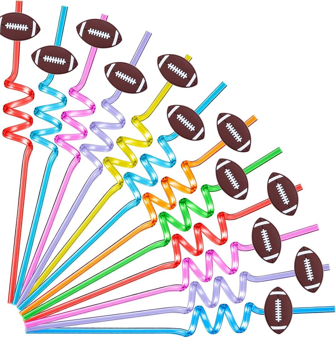 24 Pcs Football Party Favors Colorful Theme Drinking Straws Plastic Spiral Drinking Favors Reusable Fun Cute Silly Football Straws for Baby Shower Birthday Party Supplies