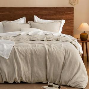 PHF 100% Cotton Muslin Duvet Cover King Size, 3-Layer Guaze Ultra Soft Breathable Textured Linen Like, 3pcs Bedding Comforter Cover Set for All Season, Duvet Set with 2 Pillow Shams, 104"x90", Natural