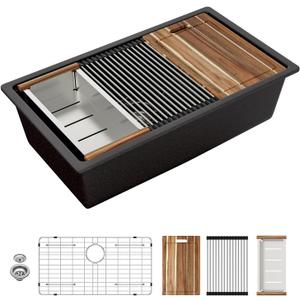 Sarlai 32 Granite Composite Kitchen Sink - 32"x19" Black Undermount Kitchen Sink Ledge Workstation Matte Black Granite Quartz Composite Under-Mount Single Bowl Sinks Basin