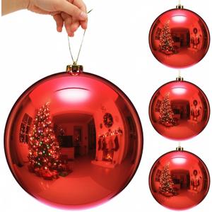 Zubebe 4 Pcs Extra Large Christmas Ball Ornaments 8'' (200 Mm) Giant Oversized Plastic Xmas Ball Big Hanging Christmas Tree Ornaments for Holiday Party Outdoor Decor (Shiny Red)