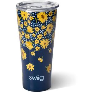 Swig Life 32oz Insulated Tumbler, Travel Coffee Tumbler with Lid, Cup Holder Friendly Travel Coffee Mug, Stainless Steel with Lid (Lazy Daisy)