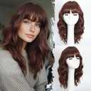 Chocolate Brown Wig with Bangs Short Wavy Wigs for Women Curly Bob Style Wear and Go Natural Synthetic Wigs for Halloween Costumes Cosplay Daily Party Use 16IN